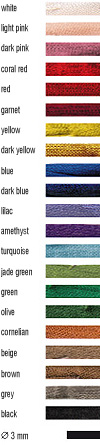 GRIFFIN Habotai Foulard Cord is available in 20 natural colours: white, light pink, dark pink, coral, red, garnet, yellow, amber, blue, dark blue, lila, camethyst, turquoise, jade green, green, olive, cornelian, beige, brown, grey, black