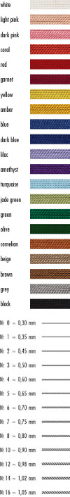 GRIFFIN 100% Natural Silk thread is available in 20 natural colours and 13 different thicknesses. white, light pink, dark pink, coral, red, garnet, yellow, amber, blue, dark blue, lila, camethyst, turquoise, jade green, green, olive, cornelian, beige, brown, grey, black