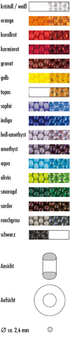 B�hmische Rocailles sind lieferbar als kristall, rosaline, orange, korallrot, karminrot, granat, gelb, topas, saphir, indigo,  hell amethyst, amethyst, aqua, peridot, olivin, smaragd, karneol, sarder, rauchgrau, schwarz